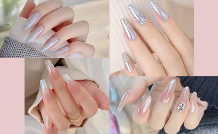 Hand with pearl white chrome nails holding a jar of powder.