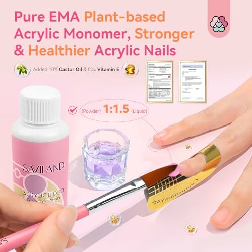 Acrylic nail application with plant-based monomer and brush.