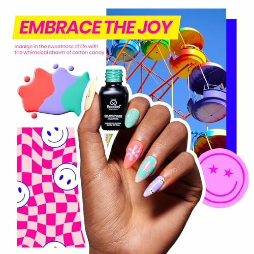 Colorful nail art with ferris wheel background and 'Embrace the Joy' text.