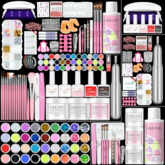 Comprehensive nail art kit with tools and supplies.