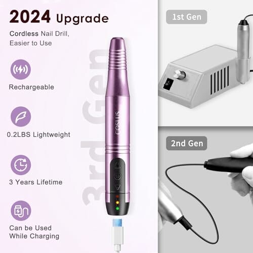 Cordless nail drill 2024 upgrade, rechargeable and lightweight with 3 years lifetime.