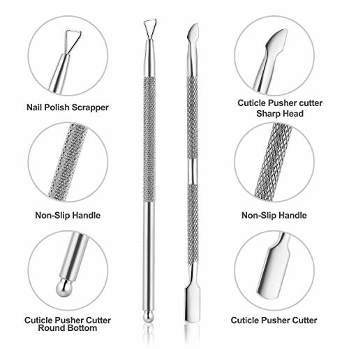 Metal cuticle pusher and nail polish scraper with non-slip handles and various cutter heads.