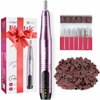 Purple electric nail drill set with attachments and sanding bands.