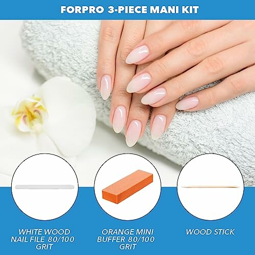 Hands with manicured nails and ForPro 3-piece manicure kit including nail file, buffer, and wood stick.