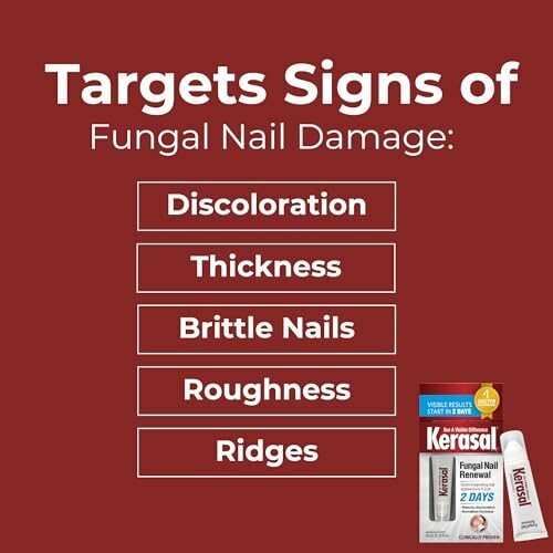 Signs of fungal nail damage: discoloration, thickness, brittle nails, roughness, ridges, with Kerasal product.