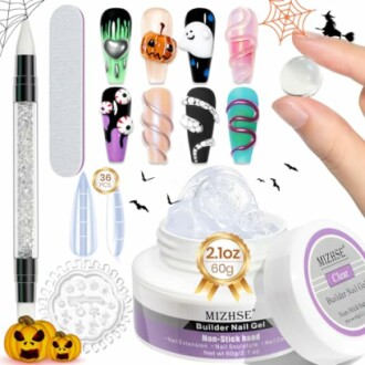 Halloween-themed nail art kit with gel, tools, and decorations.