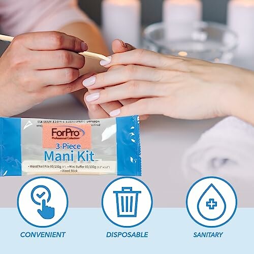 Hands receiving manicure with 3-piece mani kit, highlighting convenience, disposability, and sanitation.