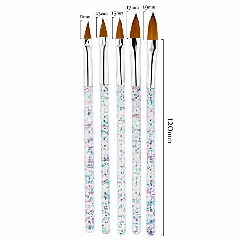 Set of five nail art brushes with glitter handles of varying brush sizes.