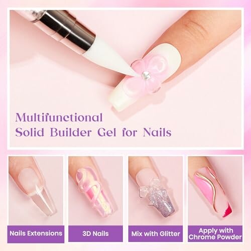 Multifunctional solid builder gel for nails with various designs.