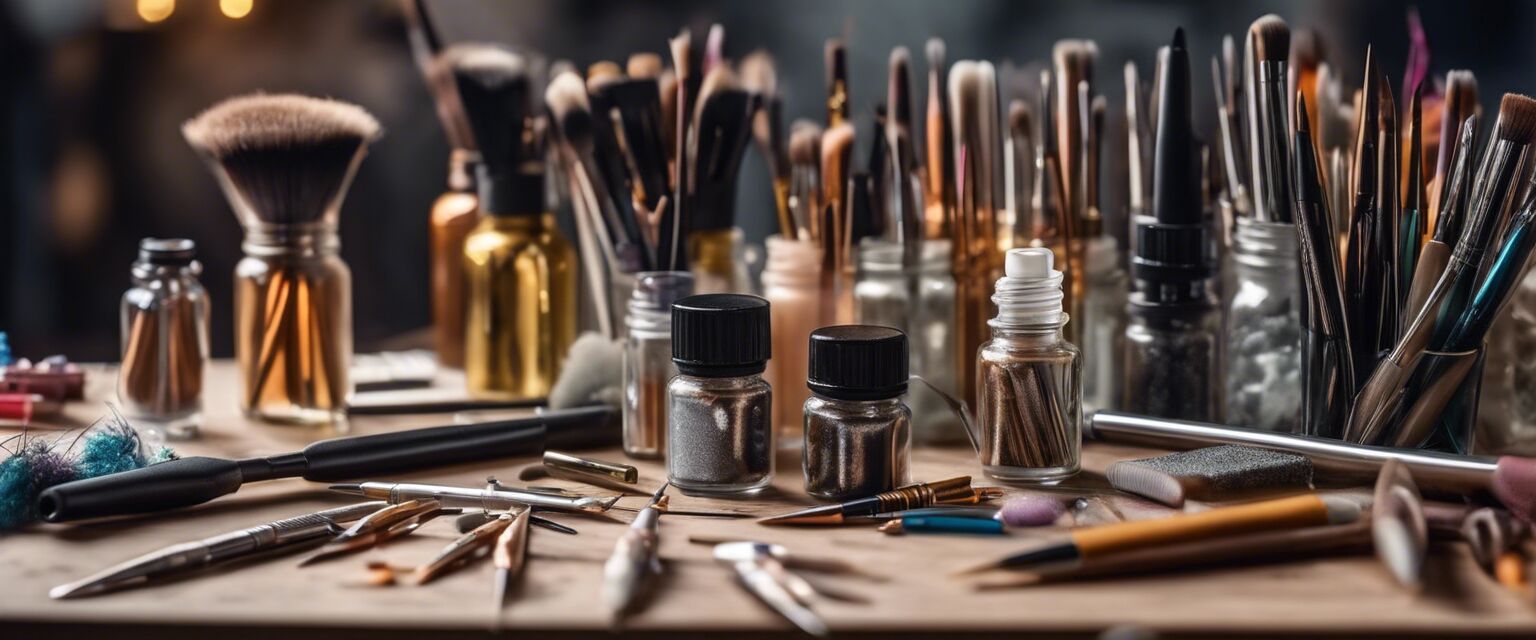 Workspace with nail art tools and materials.