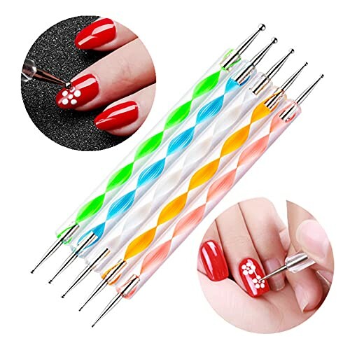 Set of multicolored nail art dotting tools with examples of nail designs.