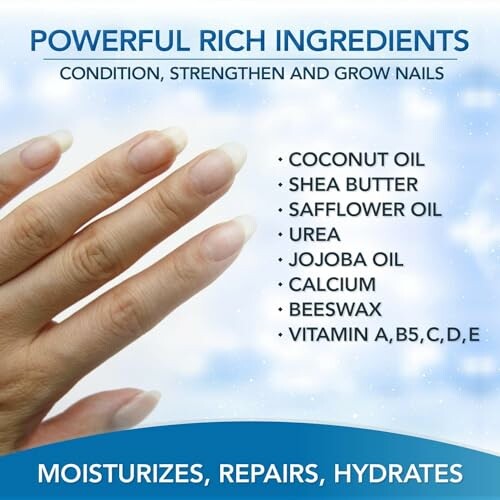 Hand with long nails and list of nourishing ingredients for nail care.