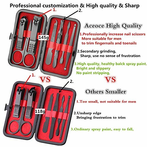 Comparison of two nail care kits with different sizes and features.