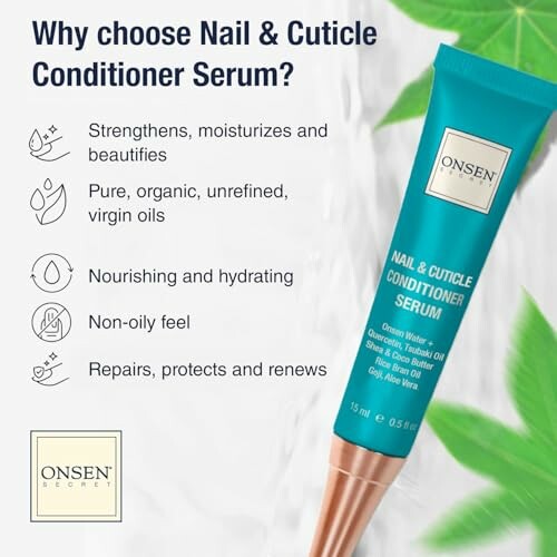 Nail and cuticle conditioner serum benefits with product image.