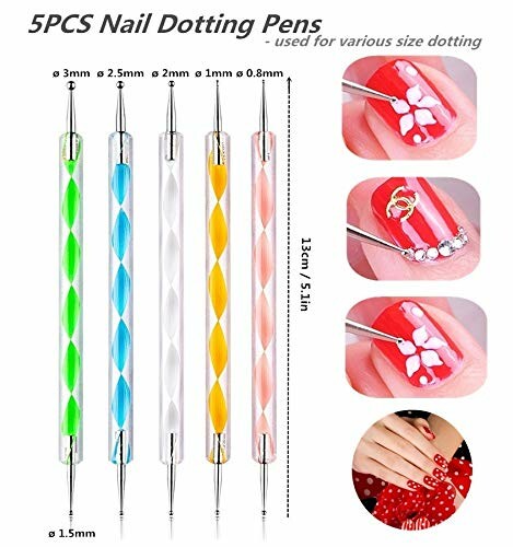 Set of 5 nail dotting pens with various tips for nail art designs.