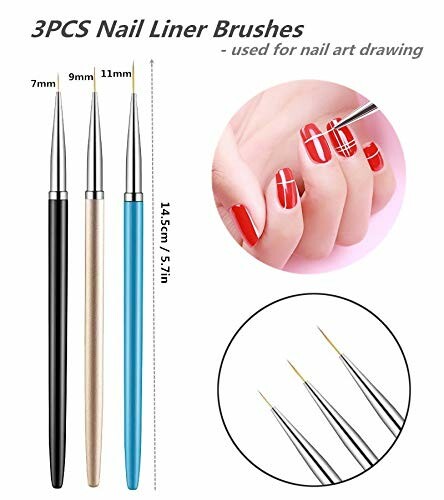 Three nail liner brushes with painted nails.