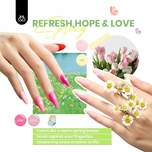 Colorful spring-themed nail art with flowers and text.