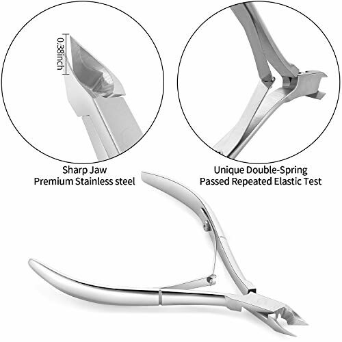 Stainless steel cuticle nipper with sharp jaw and double-spring design.