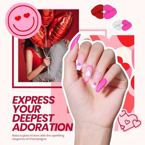 Valentine's Day themed design with red balloons and heart nail art.