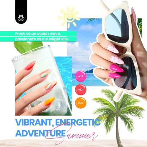 Colorful summer nail art with a beach theme and sunglasses.